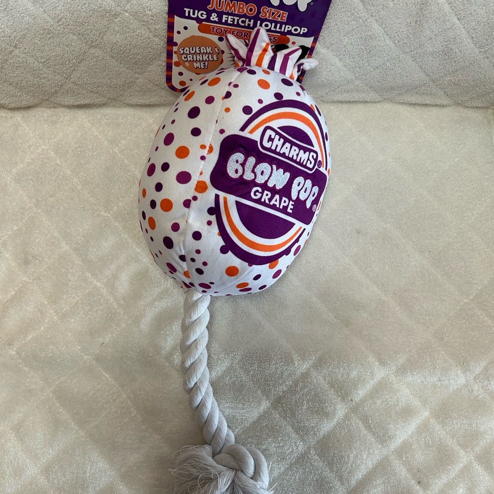 Charms Blow Pop Grape Tug and Fetch Dog Toy/Rope  Squeaks and Crinkles